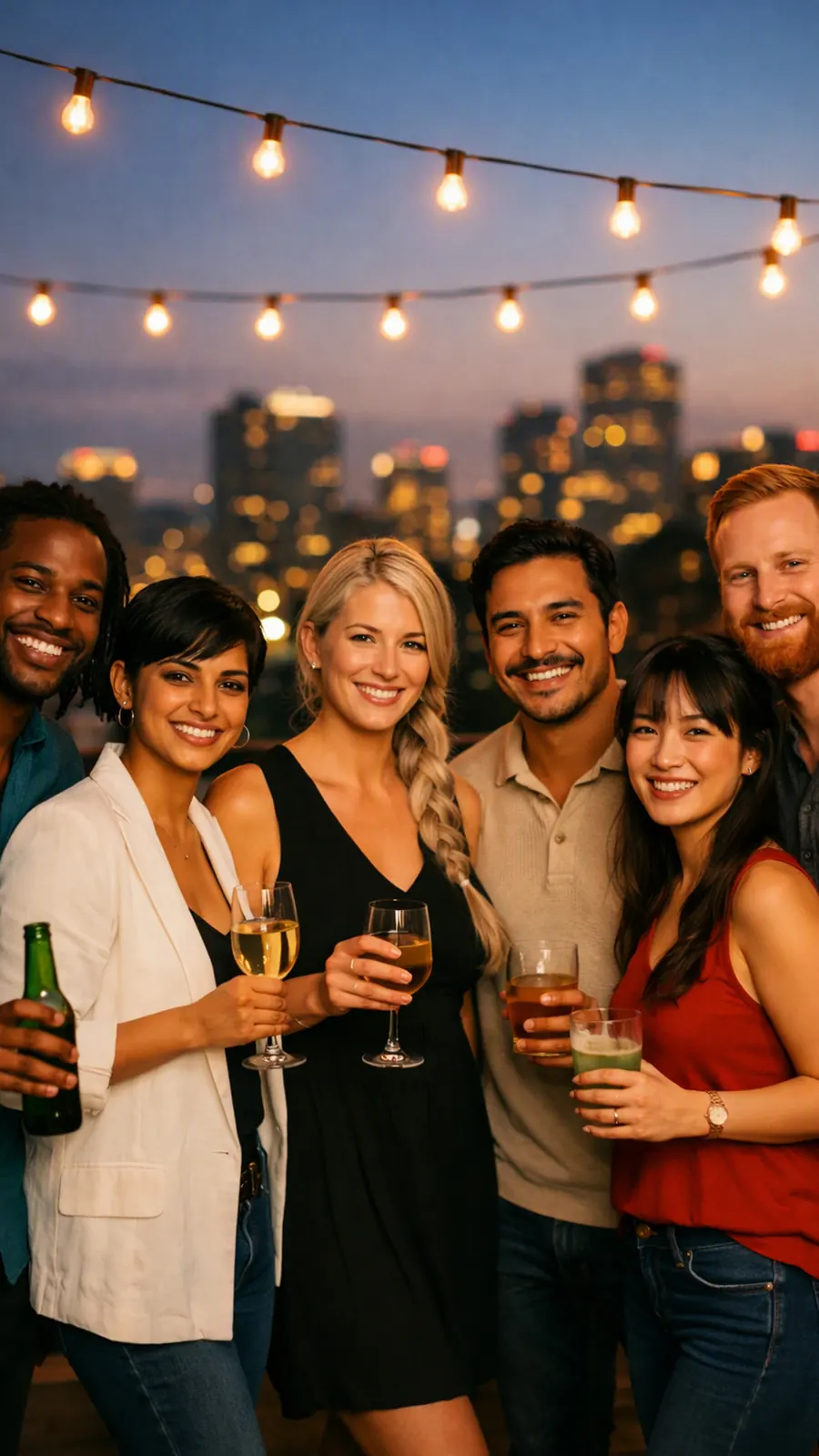 A group of friends at an evening rooftop party under string lights