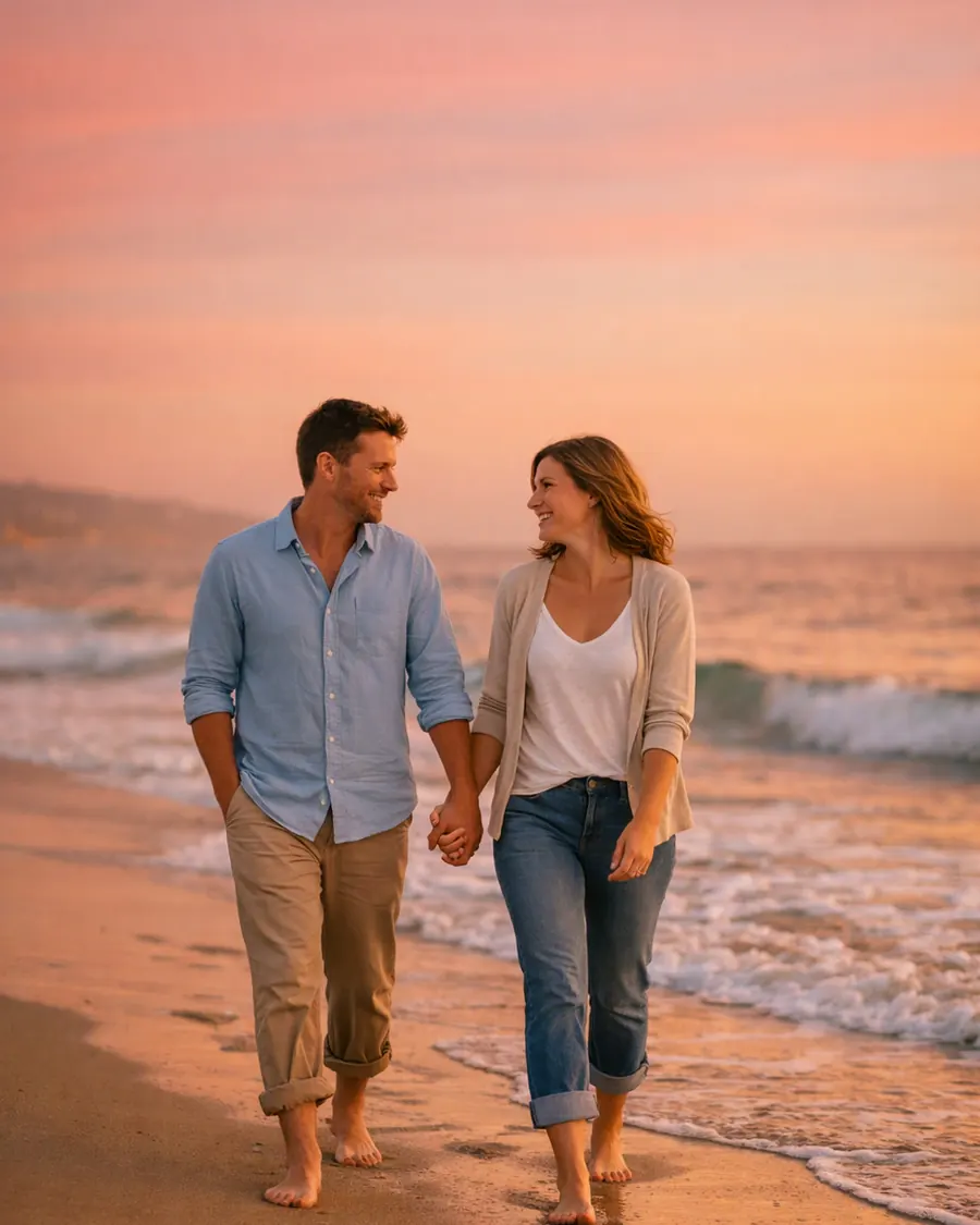 A couple walking hand in hand along a beach at sunset