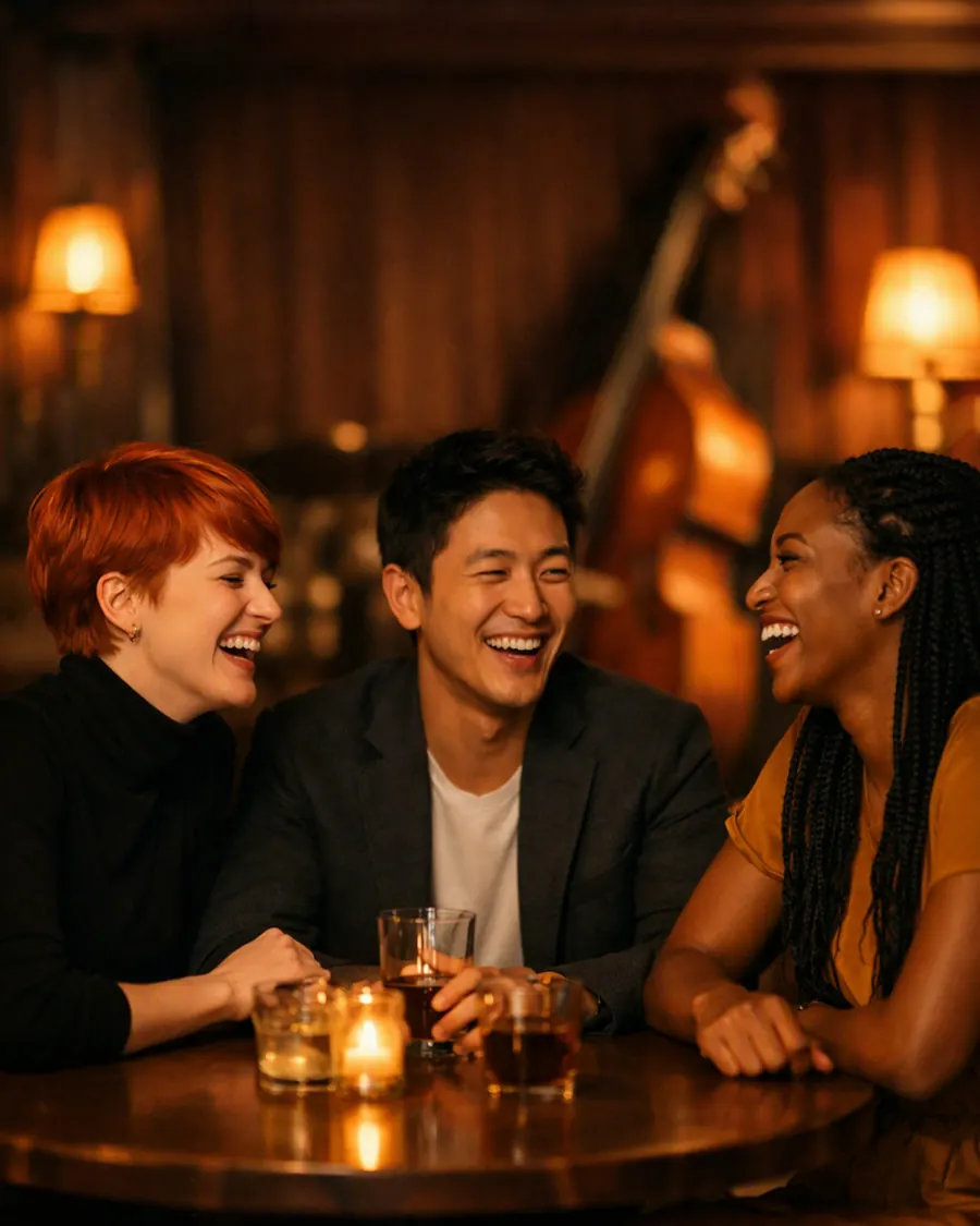 Three friends laughing together in a warm jazz bar